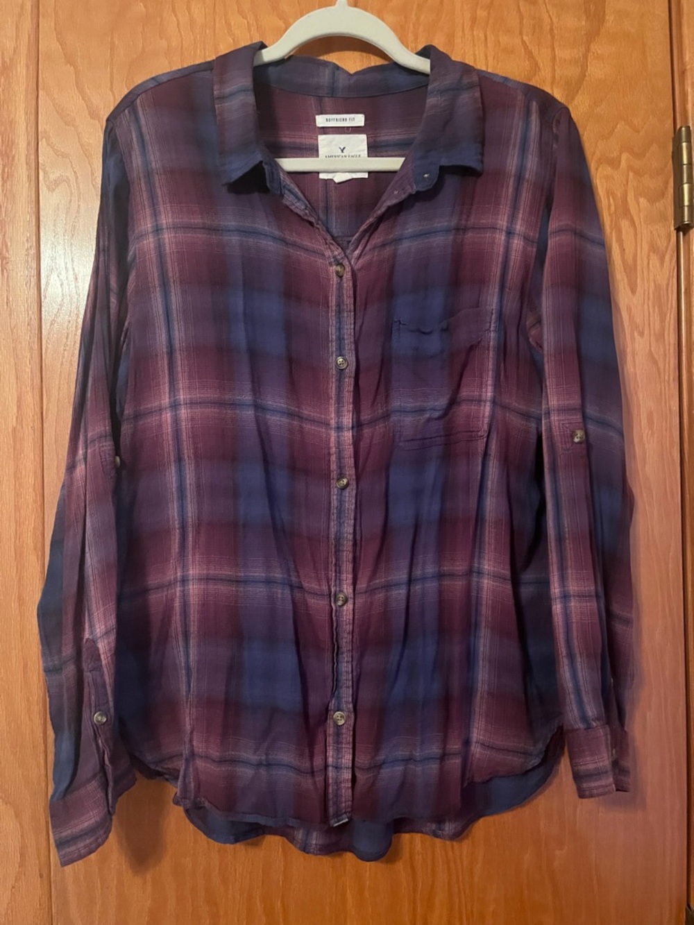 American Eagle Plaid Button-Down Shirt in Plum & Navy